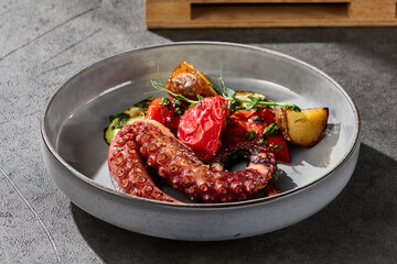Grilled octopus with roasted potatoes and vegetables, bright lighting, closeup composition