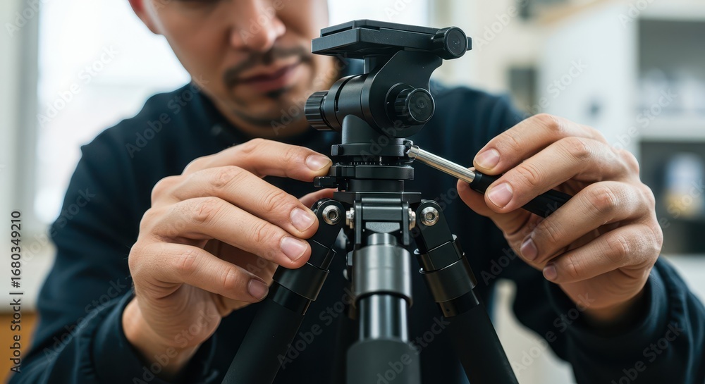 Poster close-up view of a person meticulously adjusting a camera tripod head with a screwdriver.