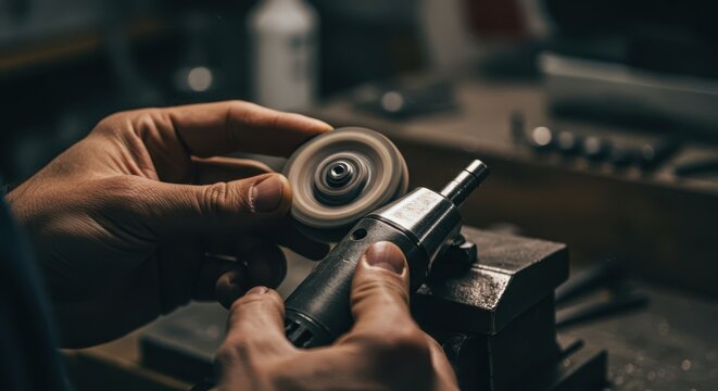 Close-up view of a craftsman's hands meticulously polishing a metal piece using a rotary tool in a dark workshop setting.