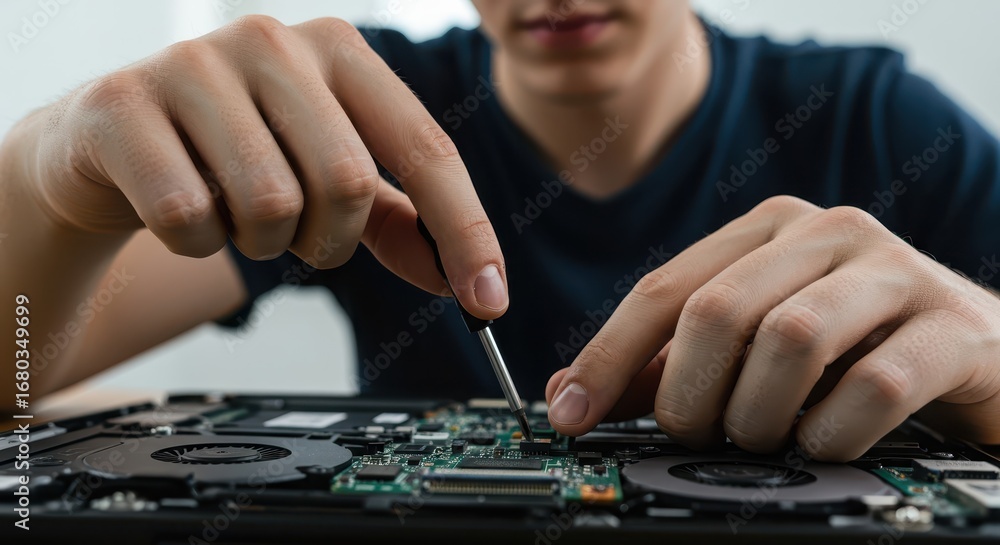 Poster close-up view of hands carefully working on a computer circuit board, demonstrating precision and te