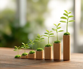 Small plants in wooden blocks form a growth chart
