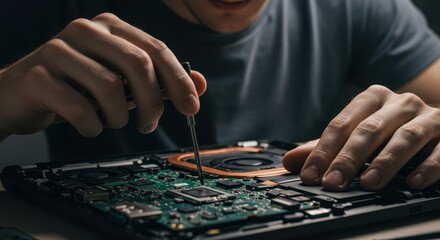 A person meticulously works on a laptop's internal components, using a screwdriver to carefully align a circuit board.