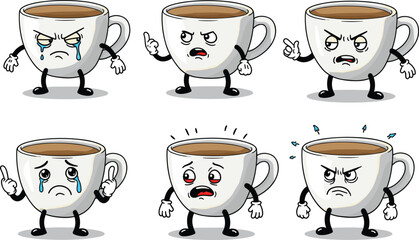 Funny angry and sad coffee cups cartoon characters, expressive coffee mugs with emotions, hot beverage vector clipart, animated drink faces.