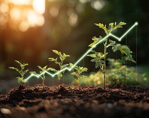 Growing seedlings with an upward trend line superimposed