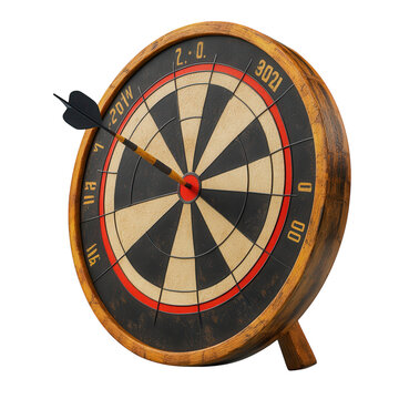Dart hitting the bullseye on a vintage dartboard with years marked around the edge against a symbolizing achieving goals and success on transparent background