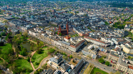 Aerial view around the old town of the city Wiesbaden, Germany ona sunny spring morning