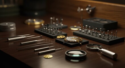 Detailed assortment of tools and watch components meticulously arranged on a dark wooden surface, creating a sophisticated and focused work environment.