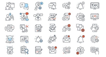 A collection of diverse, line-art icons depicting various aspects of business and digital communication.