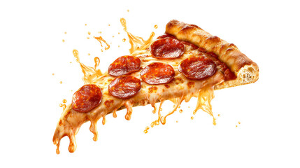 Pepperoni Pizza Slice with Melting Cheese and Sauce Splash, cut out transparent
