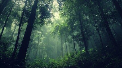 Lush, dense forest with sunlight filtering through the tall trees creating a misty, tranquil scene