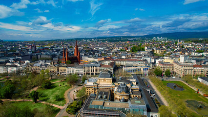 Obraz premium Aerial view around the old town of the city Wiesbaden, Germany ona sunny spring morning