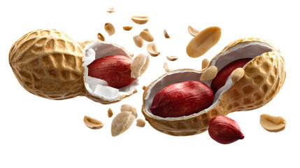 Open peanut shell revealing red kernels with scattered pieces in motion, cut out transparent