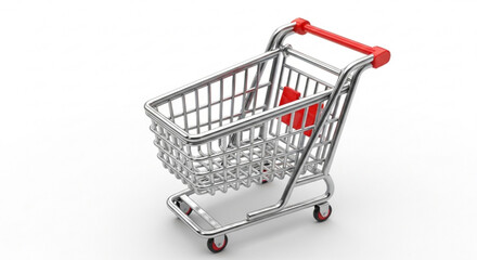 Shopping cart grocery store supermarket retail trolley metal chrome red handle wheels purchase buy consumerism
