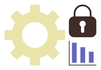 Gear, lock, and bar chart signify security, functionality, and statistical growth. Ideal for business, analytics, cybersecurity productivity strategy enterprise innovation. A simple flat metaphor