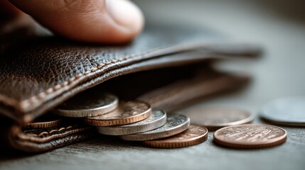 A close-up of a hand reaching into a leather wallet filled with coins, emphasizing personal finance and currency.