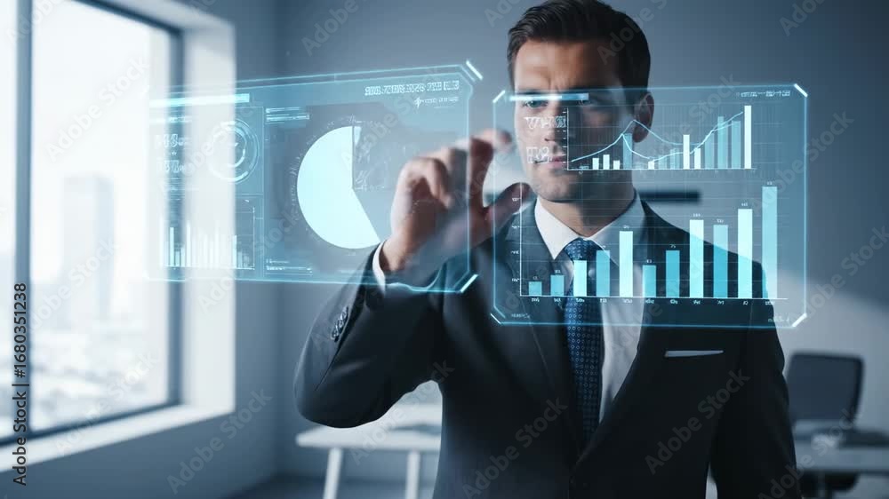 Poster businessman analyzing data on holographic interface - a businessman in a modern office interacts wit