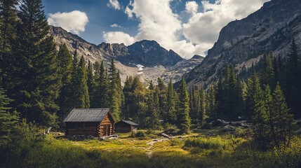 Mountain cabin scene log structure amidst evergreens, rugged peaks, cloudy sky