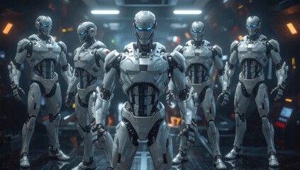 Fototapeta premium Futuristic robot character in urban setting