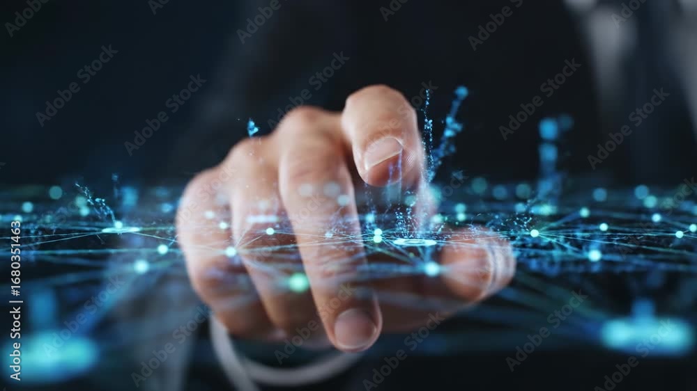 Aufkleber businessman interacting with digital network - close-up shot of a businessman's fingertip interactin