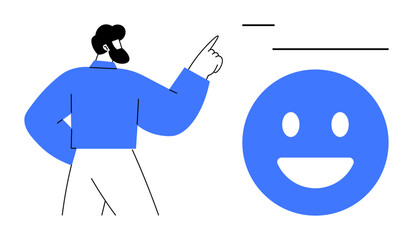Person in blue points to smiling face symbolizing positivity, teamwork, motivation, and collaboration. Ideal for feedback, engagement, customer service, workplace culture, motivation success simple