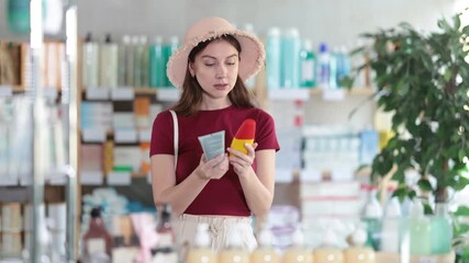 Positive young female customer choosing sunscreen in chemist's shop during summer. High quality 4k footage