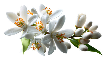 Obraz premium White Orange Blossoms with Buds and Green Leaves on Transparent Background, cut out transparent