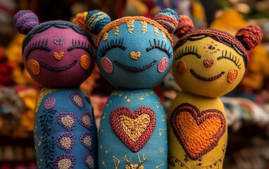 Three handmade dolls, each with unique colorful stitching and heart embellishments