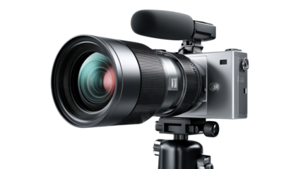 Professional video camera with lens and microphone on a tripod mount, cut out transparent