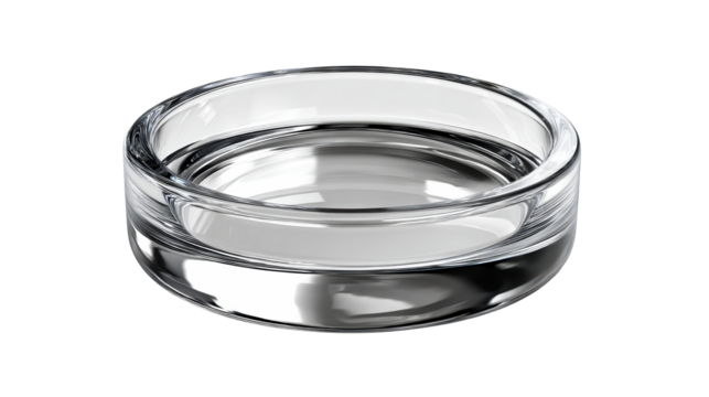 Clear glass container filled with clear liquid on a transparent background, cut out transparent