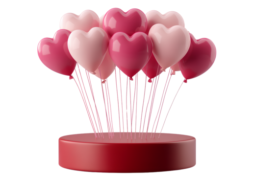 pink heart-shaped balloons on top of a red, round podium. valentine's day theme, transparent background, png element