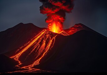 Photo of nighttime volcanic eruption with glowing lava flows creating a dramatic and fiery landscape, showcasing the raw power and beauty of natures forces