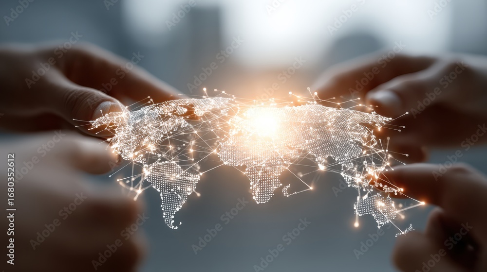Poster a digital representation of a world map, created with interconnected lines and glowing points, symbo