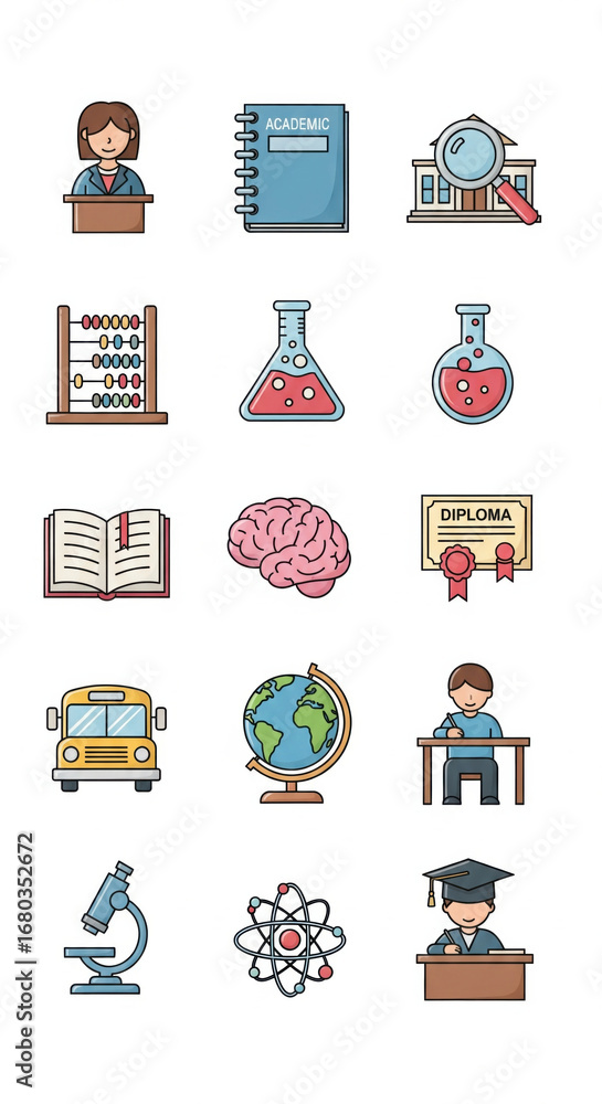 Poster student notebook school magnifying glass abacus beaker flask open book brain diploma school bus glob