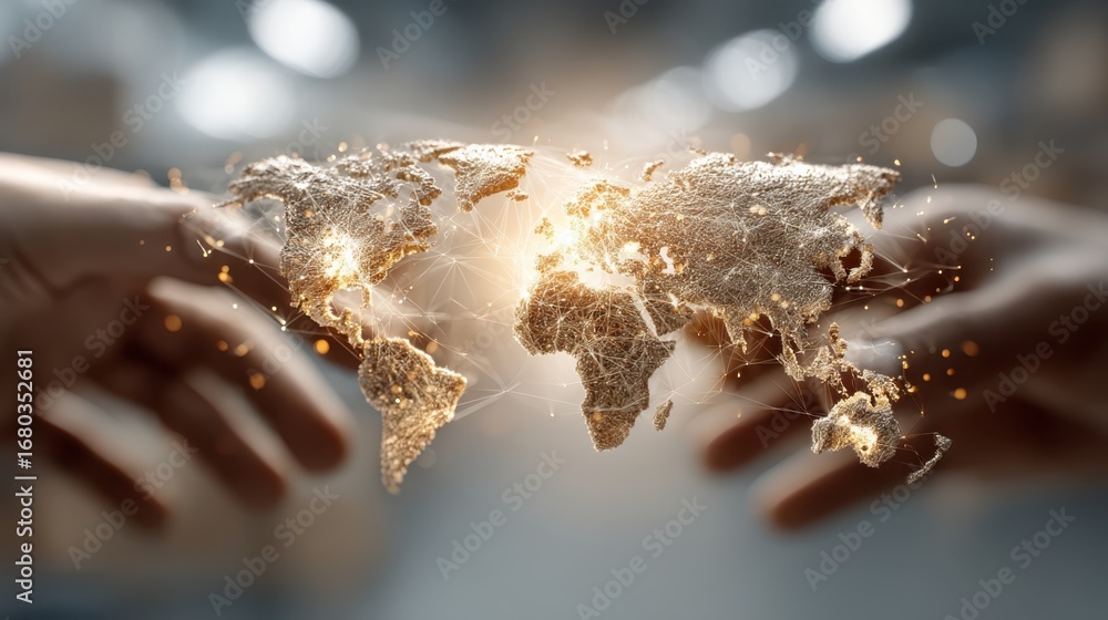 Poster a digital representation of a glowing world map, with hands reaching out, symbolizing connection and