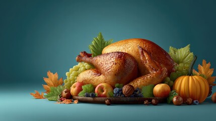 Fototapeta premium Thanksgiving Feast: A succulent roast turkey, adorned with autumnal decorations, forms the centerpiece of a festive and abundant Thanksgiving feast, evoking warmth and gratitude. Generative Ai