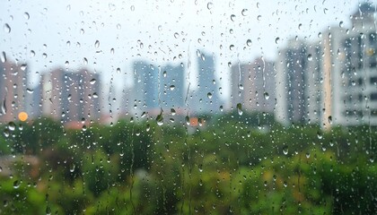 Rain-streaked cityscape view