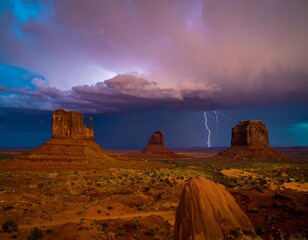 Naklejka premium Dramatic sunset over desert buttes with storm clouds and lightning