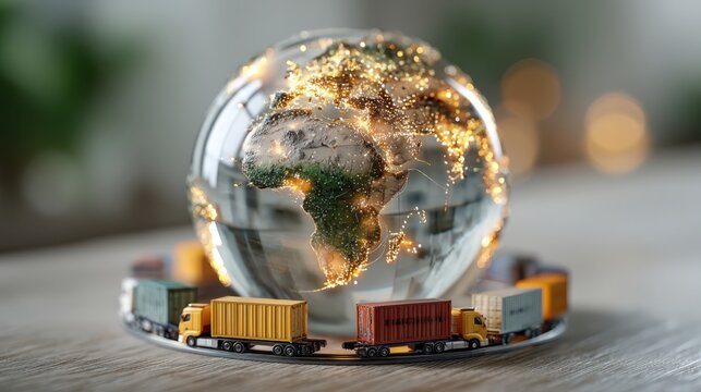A crystal globe with illuminated continents surrounded by miniature trucks symbolizes global trade and interconnectedness.