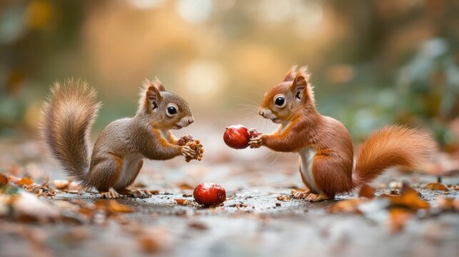Two adorable red squirrels exchange nuts and chestnuts in autumnal setting