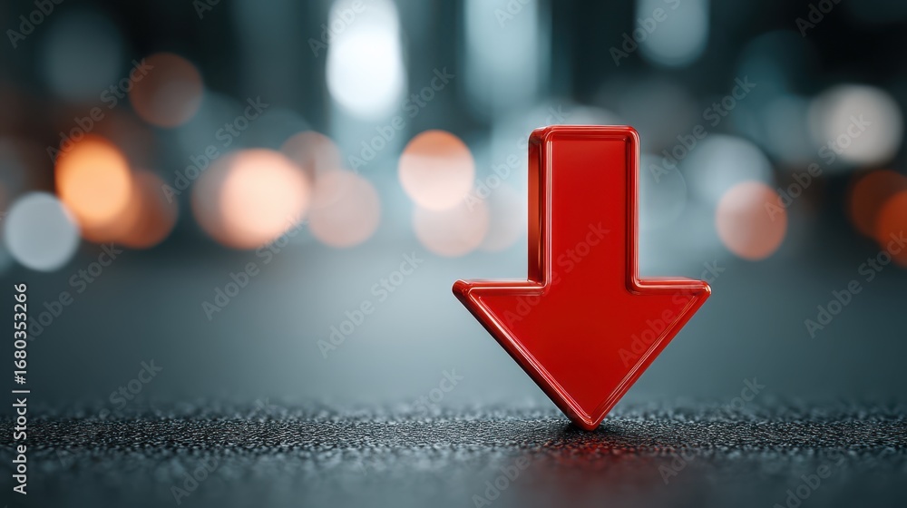 Poster a vibrant red downward arrow on a textured surface, set against a blurred background of soft, glowin