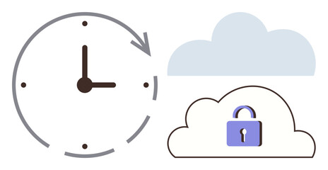 Clock with curved arrow signifies time management, cloud stands for online storage, and lock conveys data security. Ideal for technology, cloud computing, cybersecurity, efficiency, backups