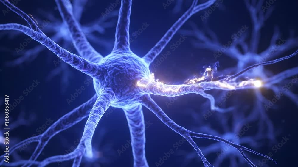 Poster glowing neuron network firing impulses - microscopic close-up of a vibrant neuron network, with elec