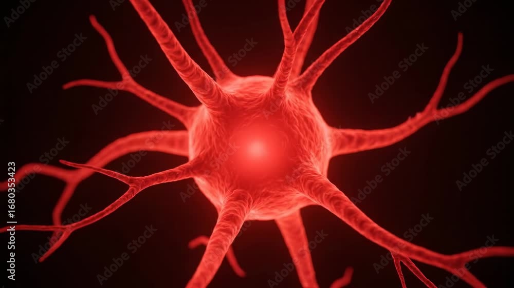 Aufkleber red neuron cell microscopic view - close-up view of a vibrant red neuron cell body with its branchin