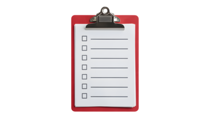 Red clipboard holding a blank checklist ready for tasks and project planning