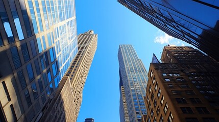 Skyscrapers reaching for a bright blue sky, buildings clustered in a cityscape viewed from below
