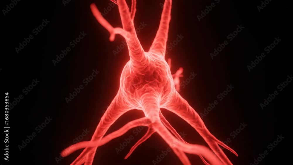 Aufkleber red neuron cell close up - a detailed close-up view of a vibrant red neuron cell body with its branc