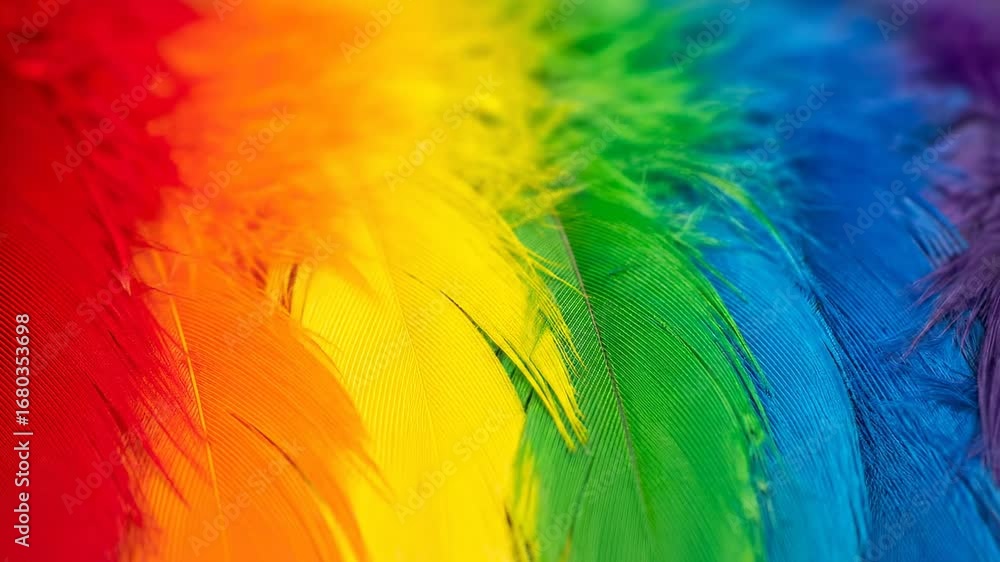 Poster rainbow feather gradient background - close-up view of vibrant colorful feathers arranged to create 
