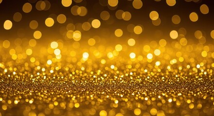 A captivating backdrop of golden glitter and bokeh lights creates a festive and celebratory atmosphere.