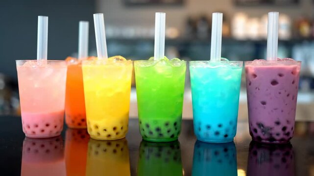 Rainbow Bubble Tea Gradient on Reflective Surface - A row of vibrant colorful bubble tea glasses with straws sits on a reflective black surface.