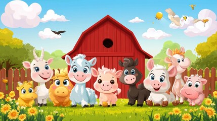 Naklejka premium Happy farm animals pose before a red barn